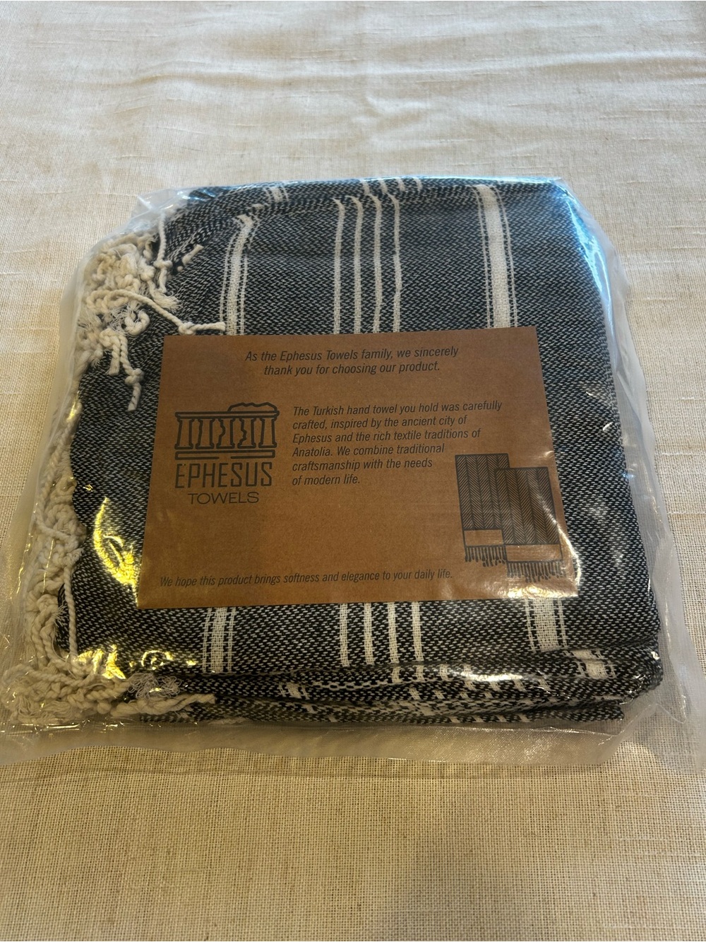 Ephesus Black Striped Turkish Hand Towels, Set of 6.
